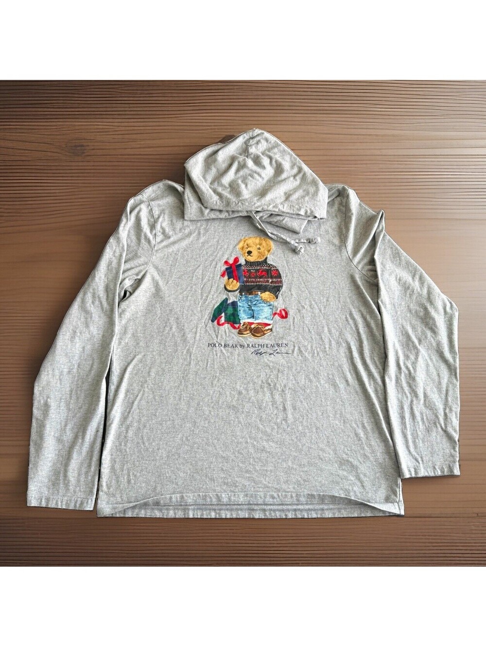 Polo Ralph Lauren Holiday Bear Hooded T-Shirt Men Large Gray Christmas Fair Isle